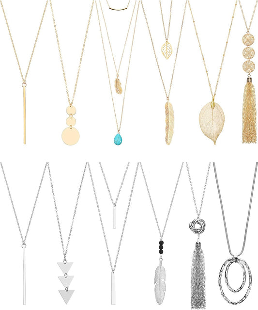 12 Pieces Long Pendant Necklace Set Y Tassel Leaf Circle Bar Necklace for Women